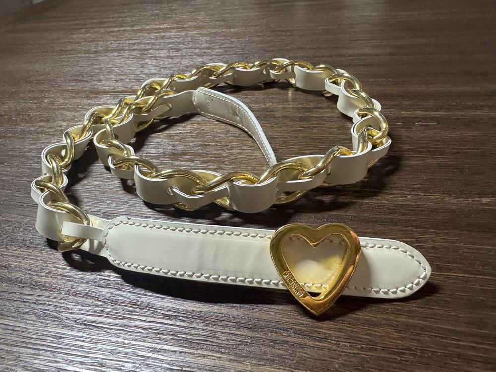 Moschino Belt Womens S/M 46 Cream Leather Gold Chain Heart Buckle Made Italy